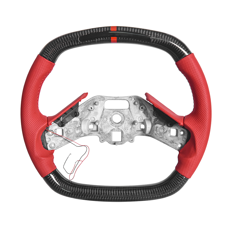 Corvette C8 Carbon Fiber Steering Wheel Red Perforated Leather Red Stitching Red Stripe LED