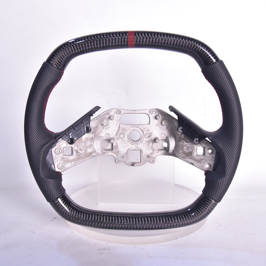 Corvette C8 Carbon Fiber Steering Wheel Black Perforated Leather Burgundy Stitching Burgundy Stripe