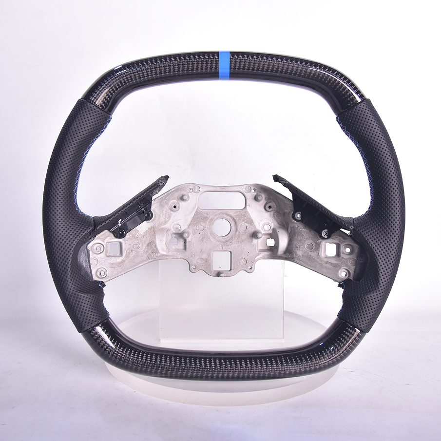 Corvette C8 Carbon Fiber Steering Wheel Black Perforated Leather Blue Stitching Blue Stripe
