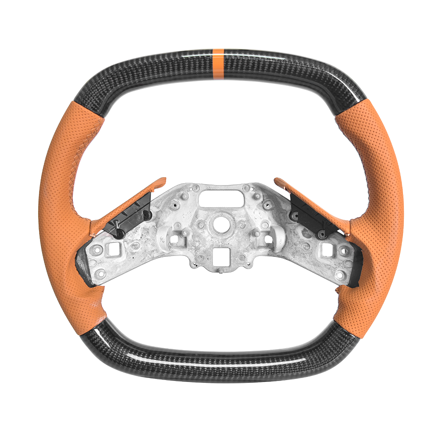 Corvette C8 Carbon Fiber Steering Wheel Orange Perforated Leather Orange Stitching Orange Stripe