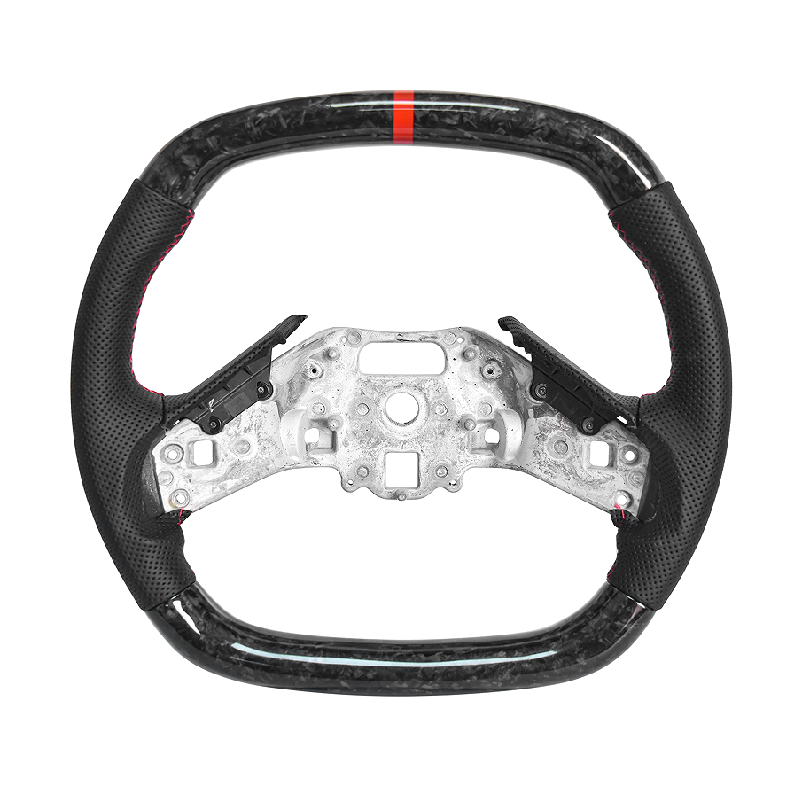 Corvette C8 Forged Carbon Fiber Steering Wheel Black Perforated Leather Red Stitching Red Stripe